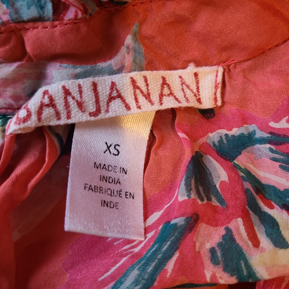 Banjanan Orange Silk Tropical Floral Bird Print Ruffle Neck Blouse Womens XS - Picture 8 of 9